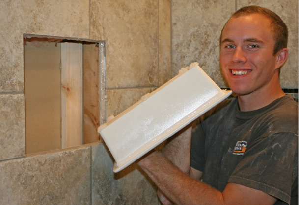 Recessed shampoo soap dish installation niche